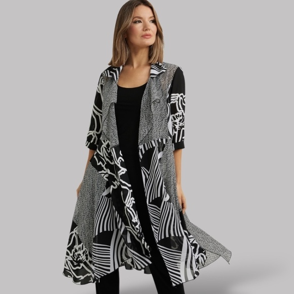 JOSEPH RIBKOFF Mesh Cardigan / Coverup / Long Line Jacket Black & White Sz 6 - Picture 1 of 11